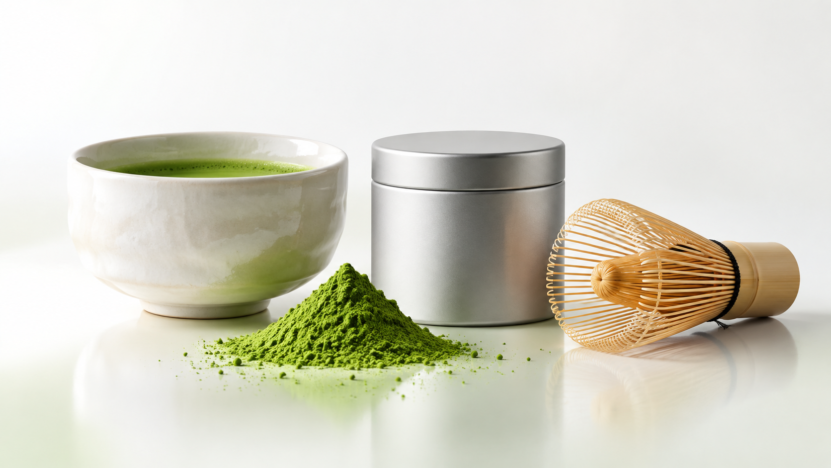 白瓷抹茶碗、银色茶罐、竹茶筅与一堆鲜绿色抹茶粉